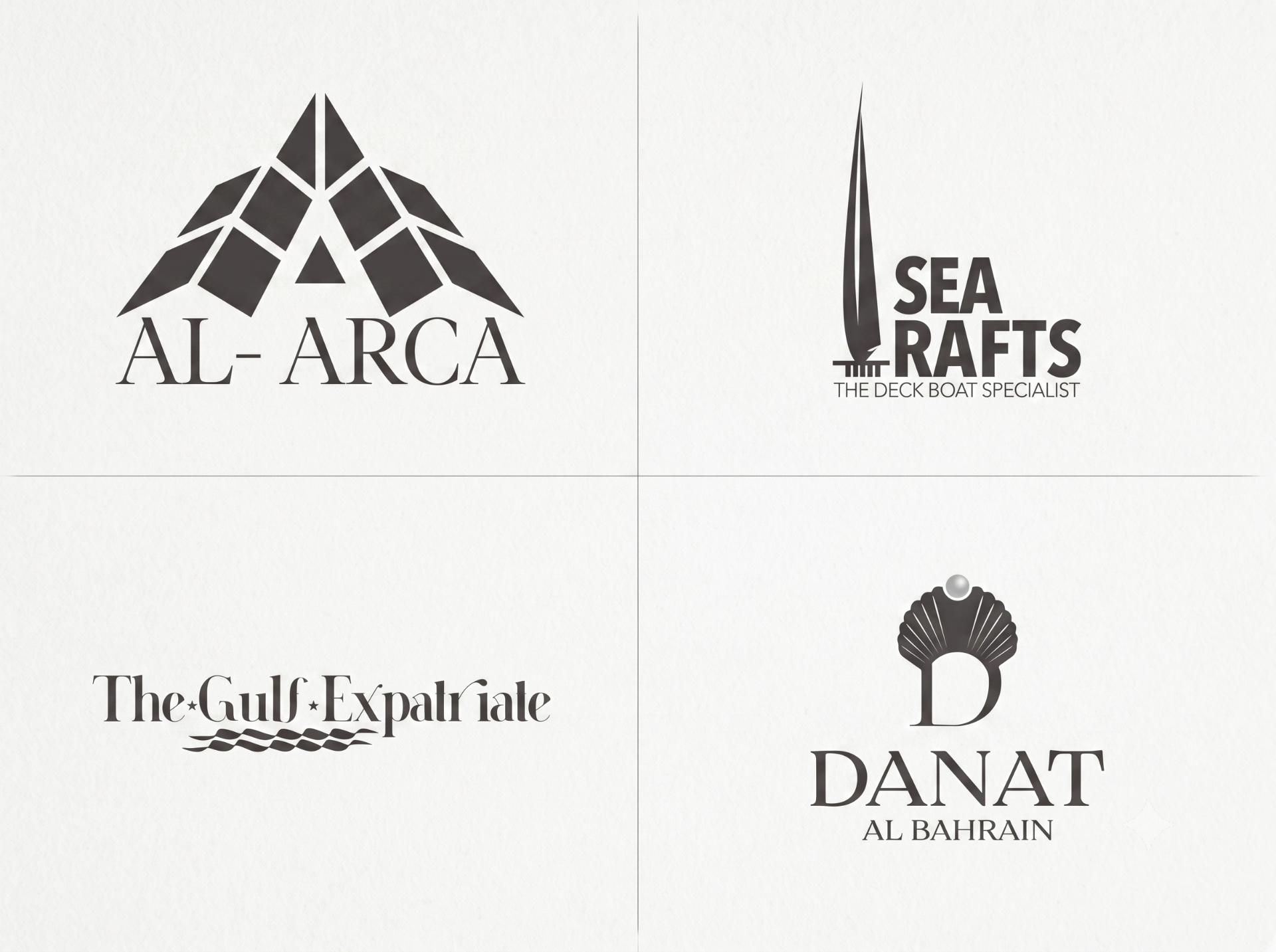 Logo folio showcase — Sea Rafts, The Gulf Expatriate, Danat Al Bahrain, AL-ARCA