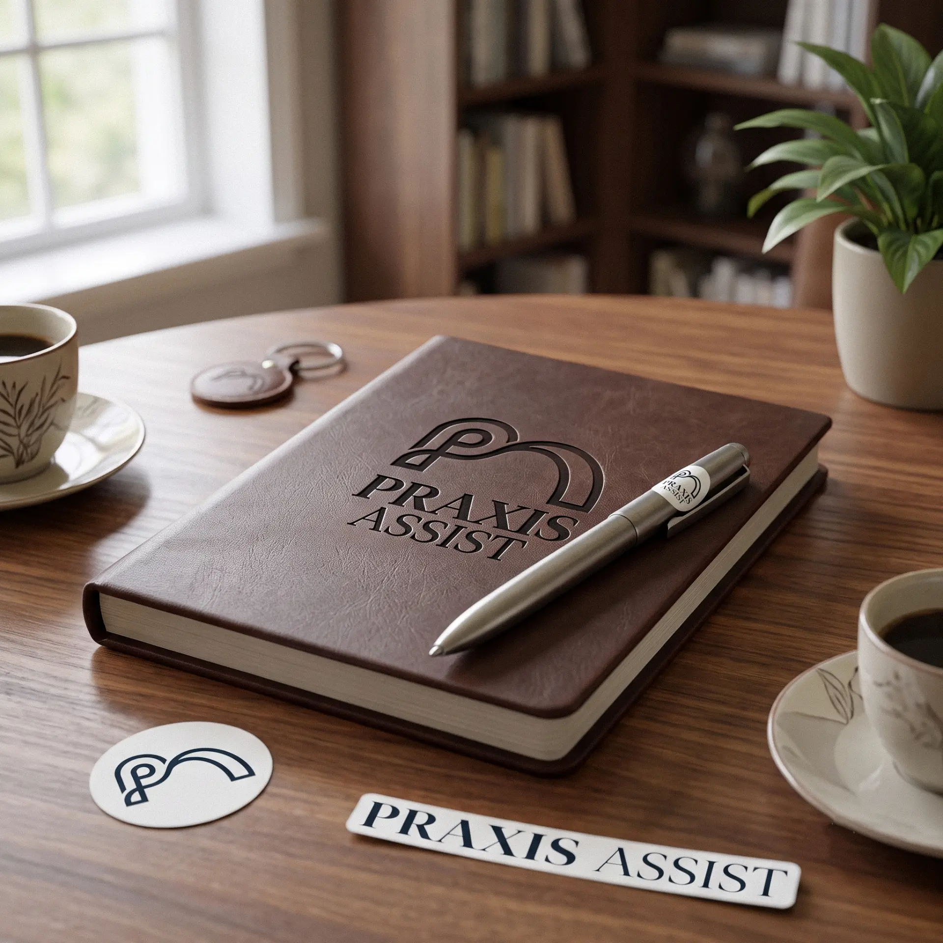 Praxis Assist notebook on a desk with coffee and keychain