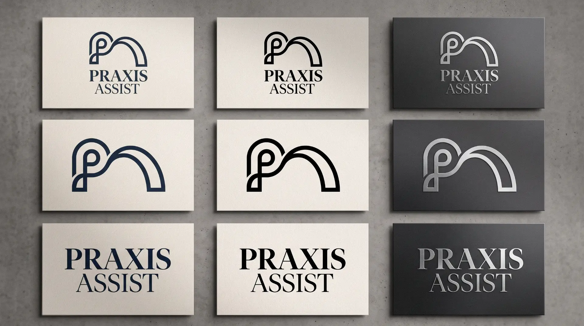 Praxis Assist logo variations in navy, black and ivory on card stock