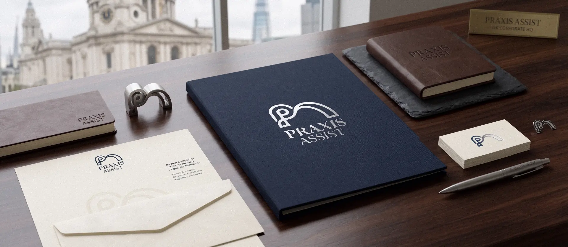 Praxis Assist presentation folder on a walnut desk with notebook and pen