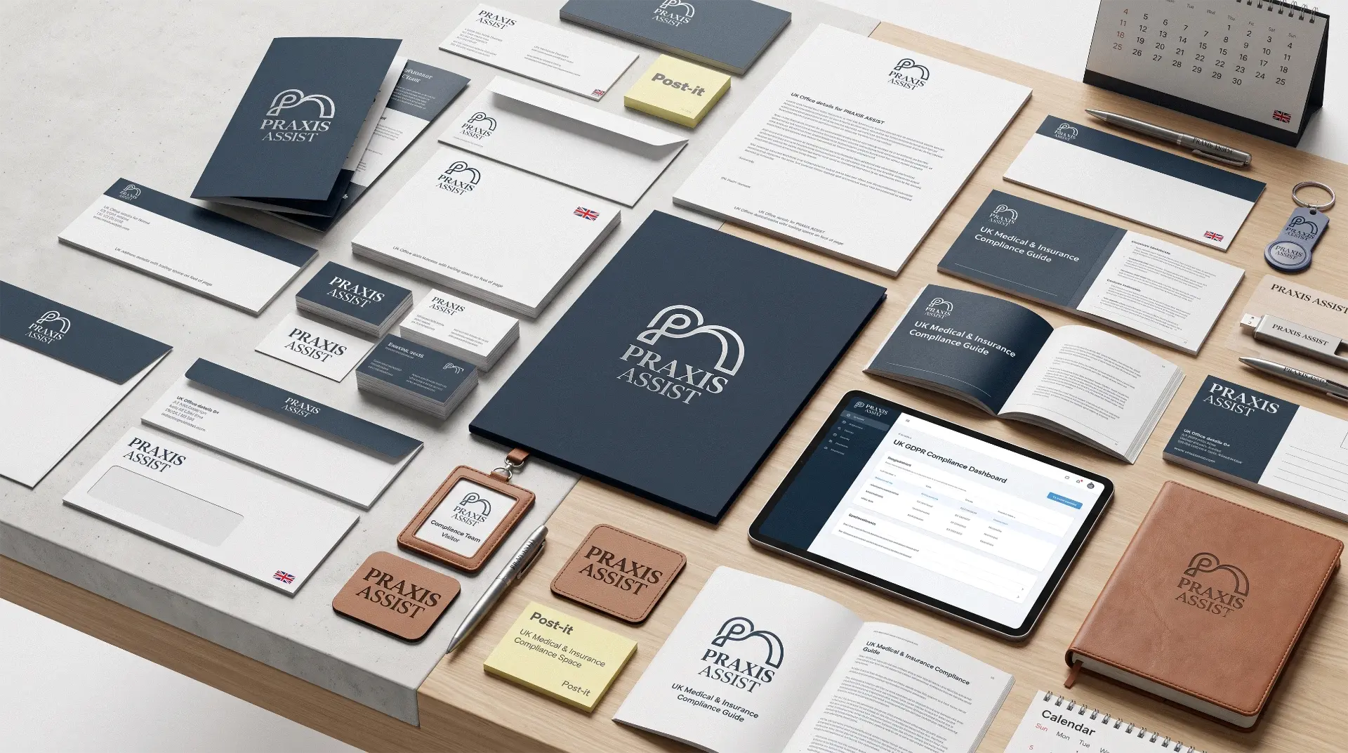 Praxis Assist full stationery suite laid out on a wooden desk