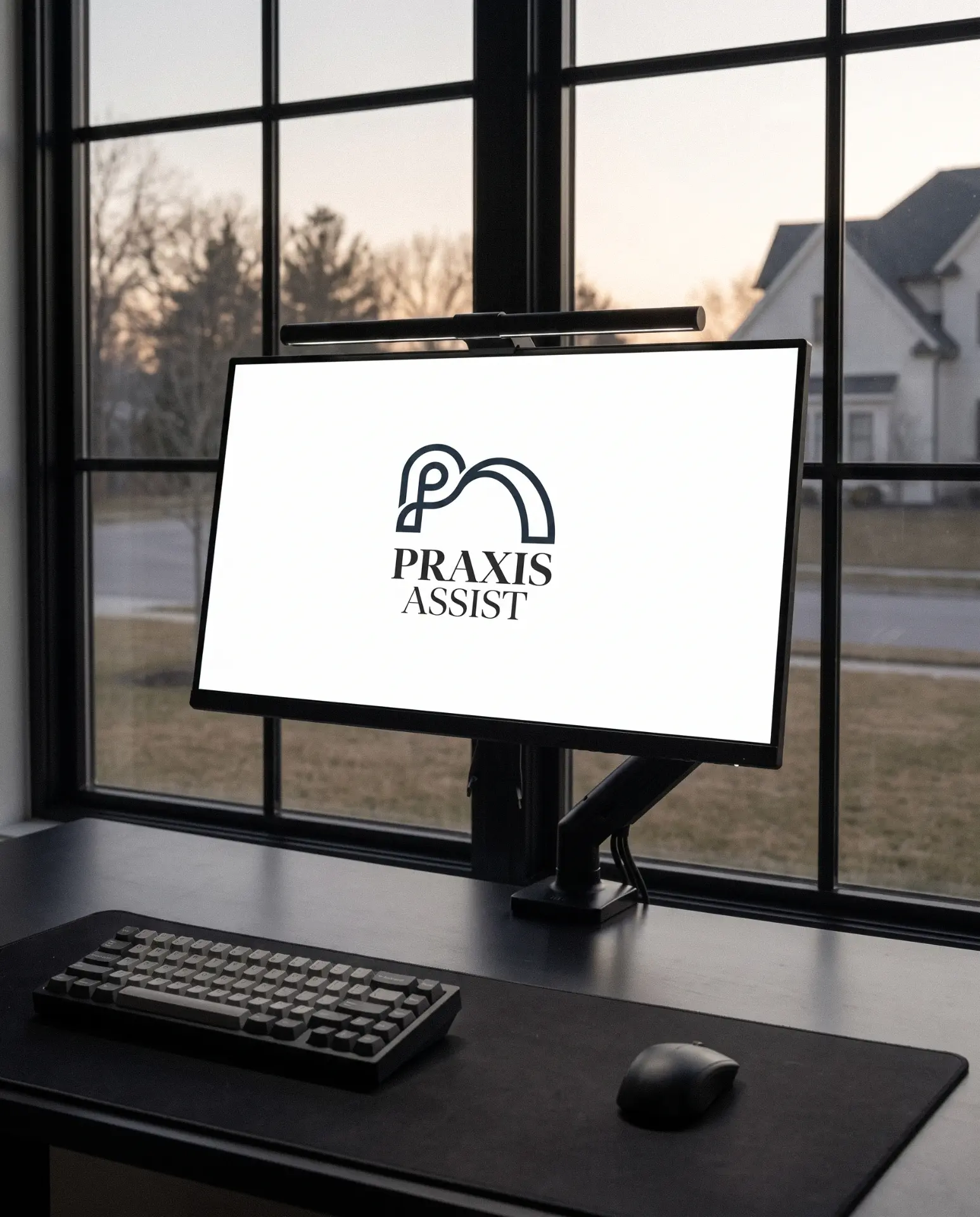 Praxis Assist identity displayed on a monitor in a home office