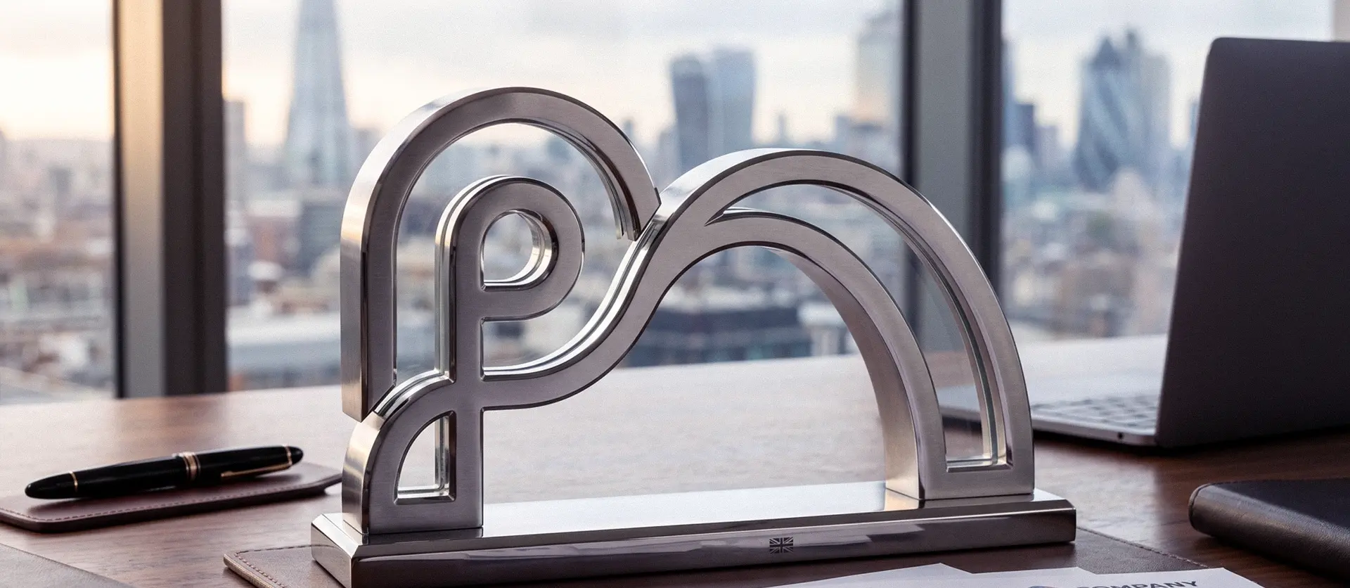 Praxis Assist mark as a polished chrome desk sculpture in a London office