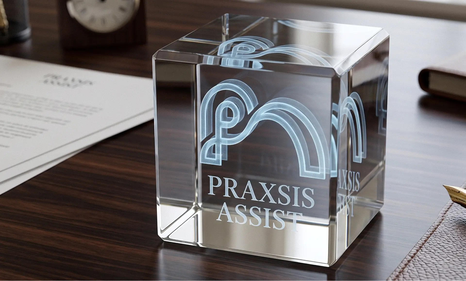 Praxis Assist identity laser-etched inside a crystal cube