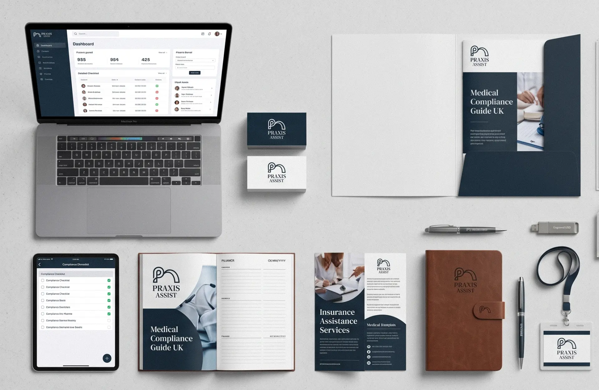 Praxis Assist identity applied across laptop, tablet, phone and print collateral