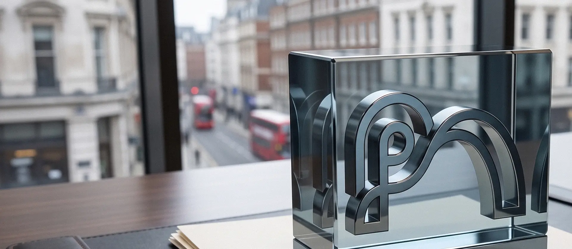 Praxis Assist mark cast in a glass block overlooking a London street