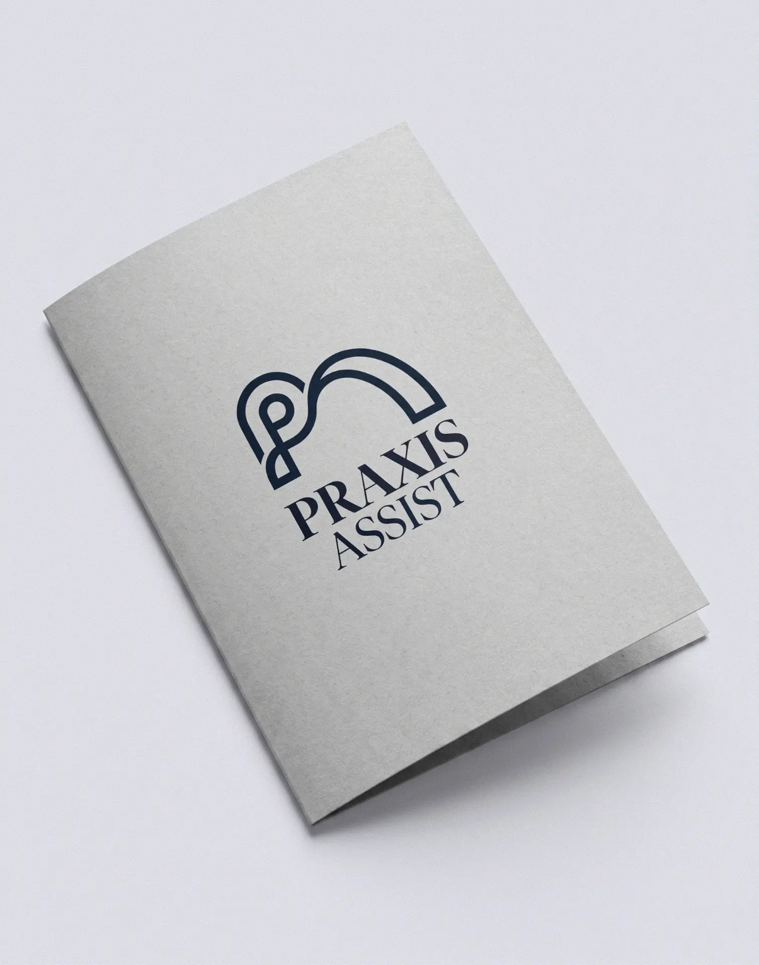 Praxis Assist identity on a folded brochure with soft shadow